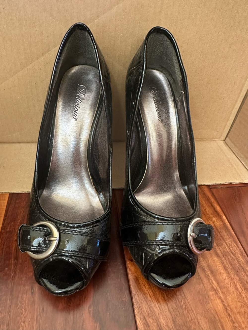 Delicious Black Patent Peep-Toe Heels with Silver Buckle - Picture 8 of 8